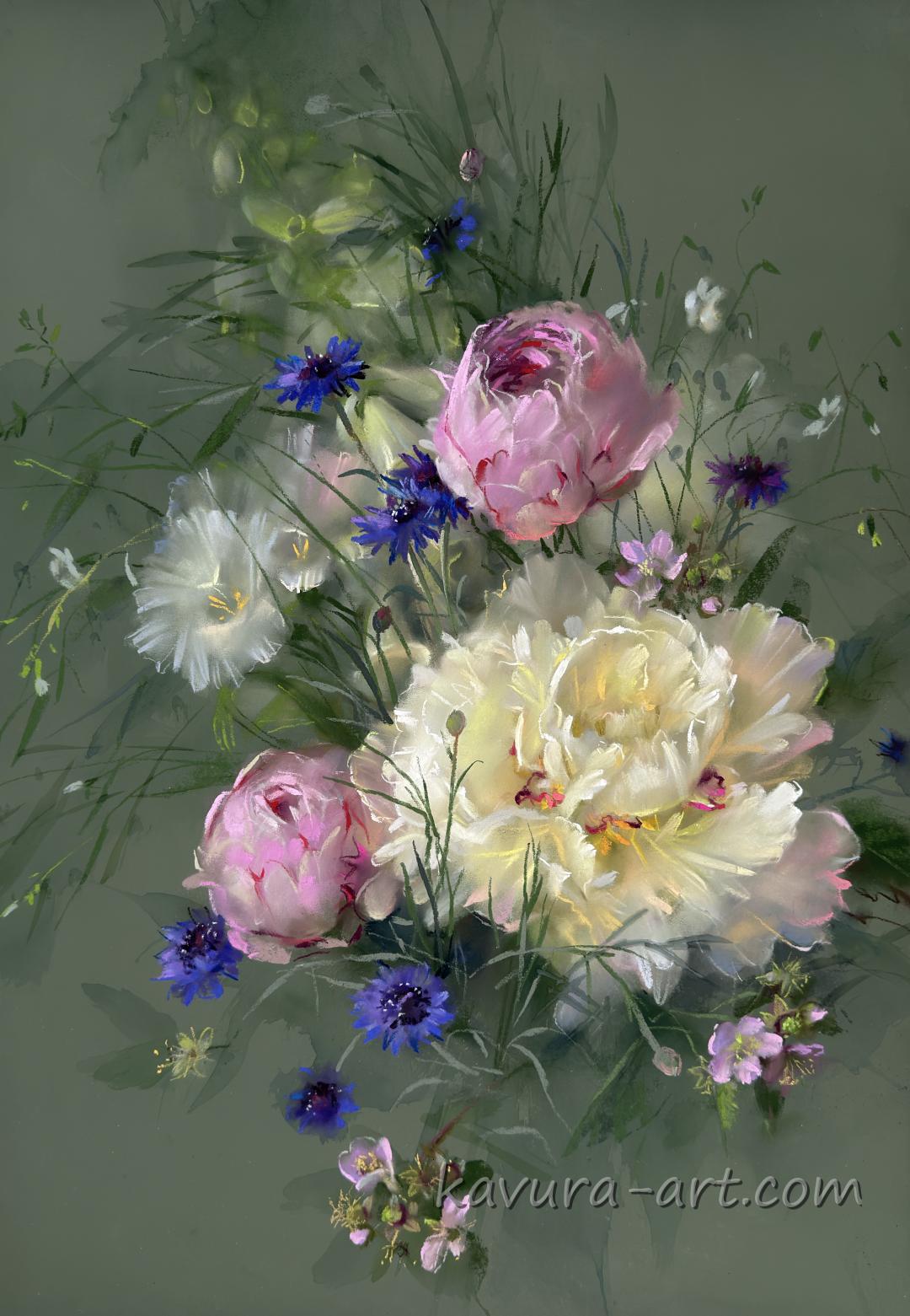 Peonies with Cornflowers