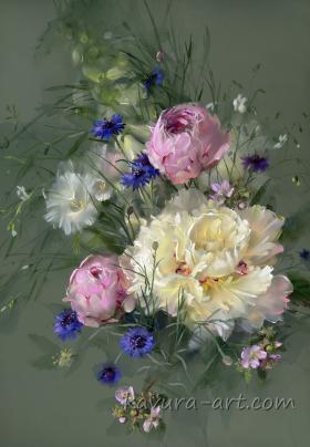 "Peonies with Cornflowers"